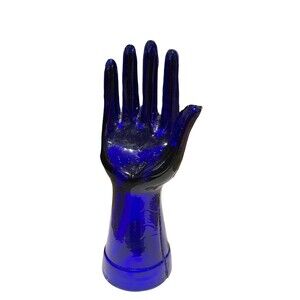 Pressed Depression Glass Hand Mid Century Jewelry Ring Holder Blue